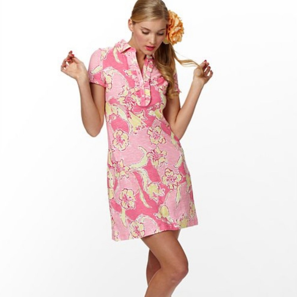 Lilly Pulitzer Carolyn Polo Dress Hottie Pink Print Cotton Stretch